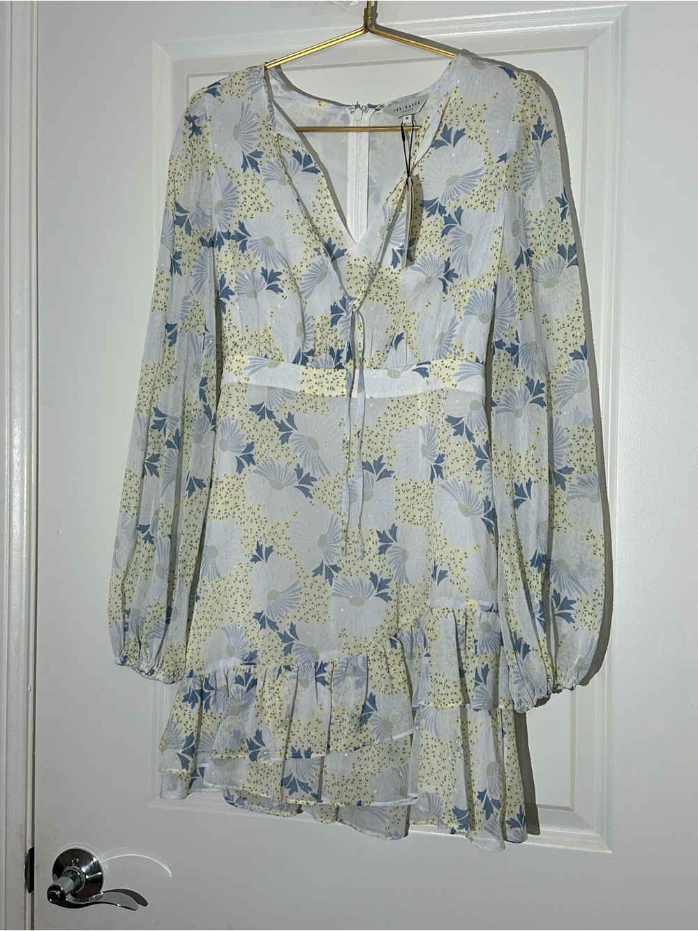 Ted Baker Floral Mesh Mini Dress Sky Blue Long Sleeve Ruffle Tiered Size 0 NWT